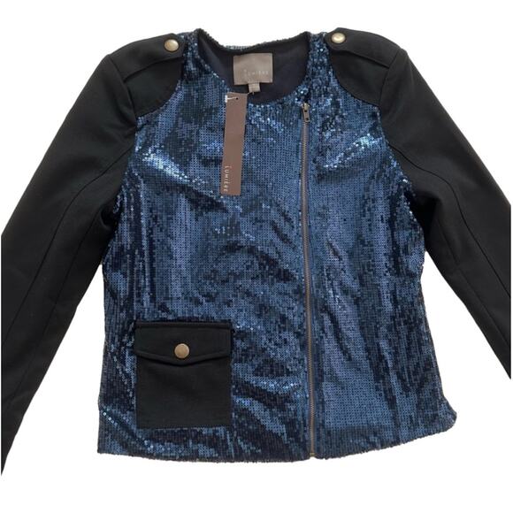 Lumiere Jacket Blazer Coat Black Blue Sequins Zip Cropped Party Small NEW - Picture 9 of 16